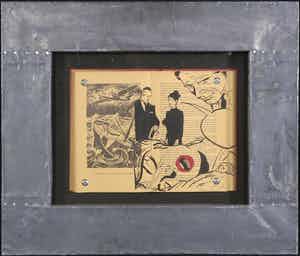 Jan Bollaert - Gemengde techniek/tekening in opengeslagen boek, Een vliegtuig, tuig - Ingelijst verkocht voor € 1!