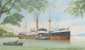 Martin Heere - Aquarel, S.S. Sidajoe voor anker - Ingelijst kopen? Bied vanaf 50!