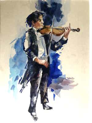 Henk Fonville - Violist - Aquarel, Ingelijst verkocht voor € 90!
