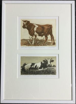 Han van Hagen - Dubbele kleurets/aquatint met koeien | Potter's Stier & Melkunieprent II kopen? Bied vanaf 59!