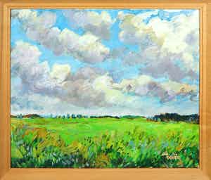 Jan Dekker - Olieverf op hardboard, Noord-Hollandse lucht, Ingelijst verkocht voor € 50!