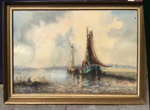 Willem Bos - Poldergezicht met boten - aquarel, houtskool en krijt kopen? Bied vanaf 1!