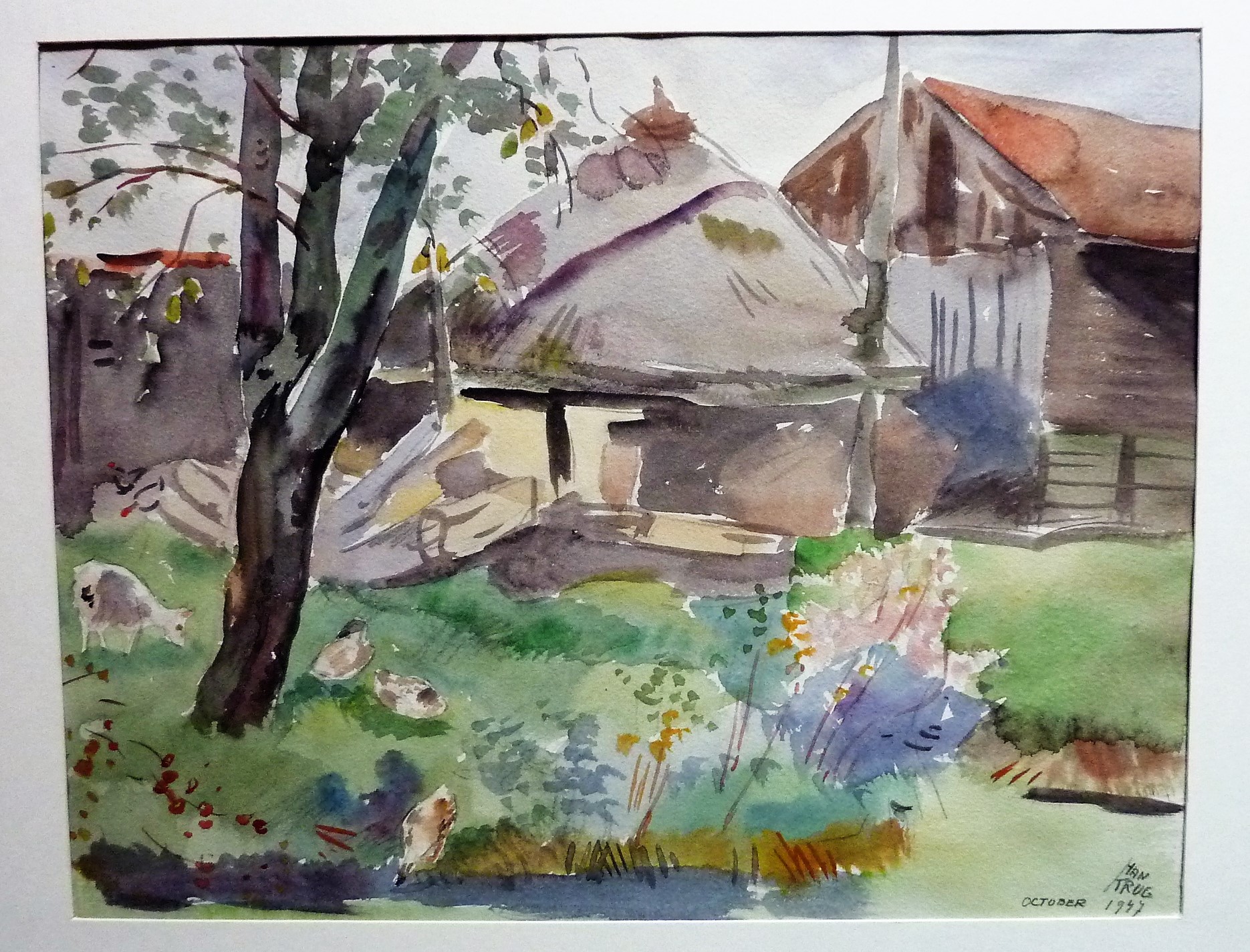 Han Krug - Aquarel Boerderij met geit en kippen 1947 verkocht voor € 40!