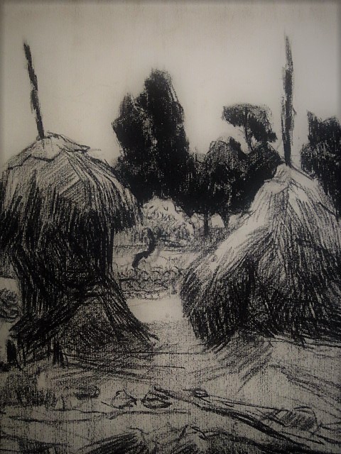 Wil van Dinther - Sterk impressionistisch Houtskool "Brabants landschap met hooimijten" gesigneerd kopen? Bied vanaf 1!