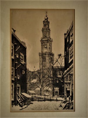 Cornelis Brandenburg - Originele gesigde 1920 ETS - Amsterdam "de Jordaan en Westerkerk in de sneeuw" kopen? Bied vanaf 10!