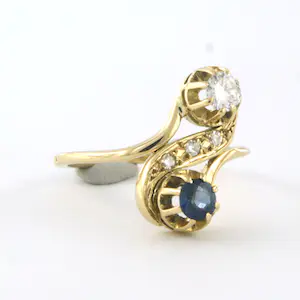 18k gouden slagring bezet met saffier en briljant en single cut geslepen diamant kopen? Bied vanaf 265!