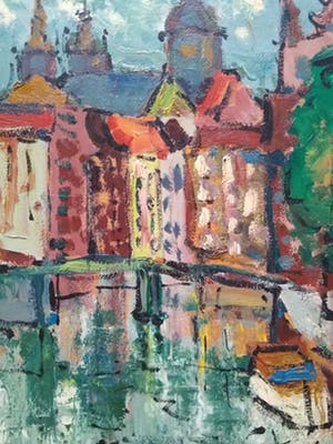 Niet of onleesbaar gesigneerd - Expressionistisch stadsgezicht te Amsterdam kopen? Bied vanaf 10!