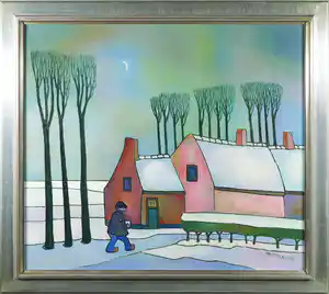 Toon Tieland - Olieverf op doek, De roze hoeve (Vlaanderen) - Ingelijst verkauft für € 2900!