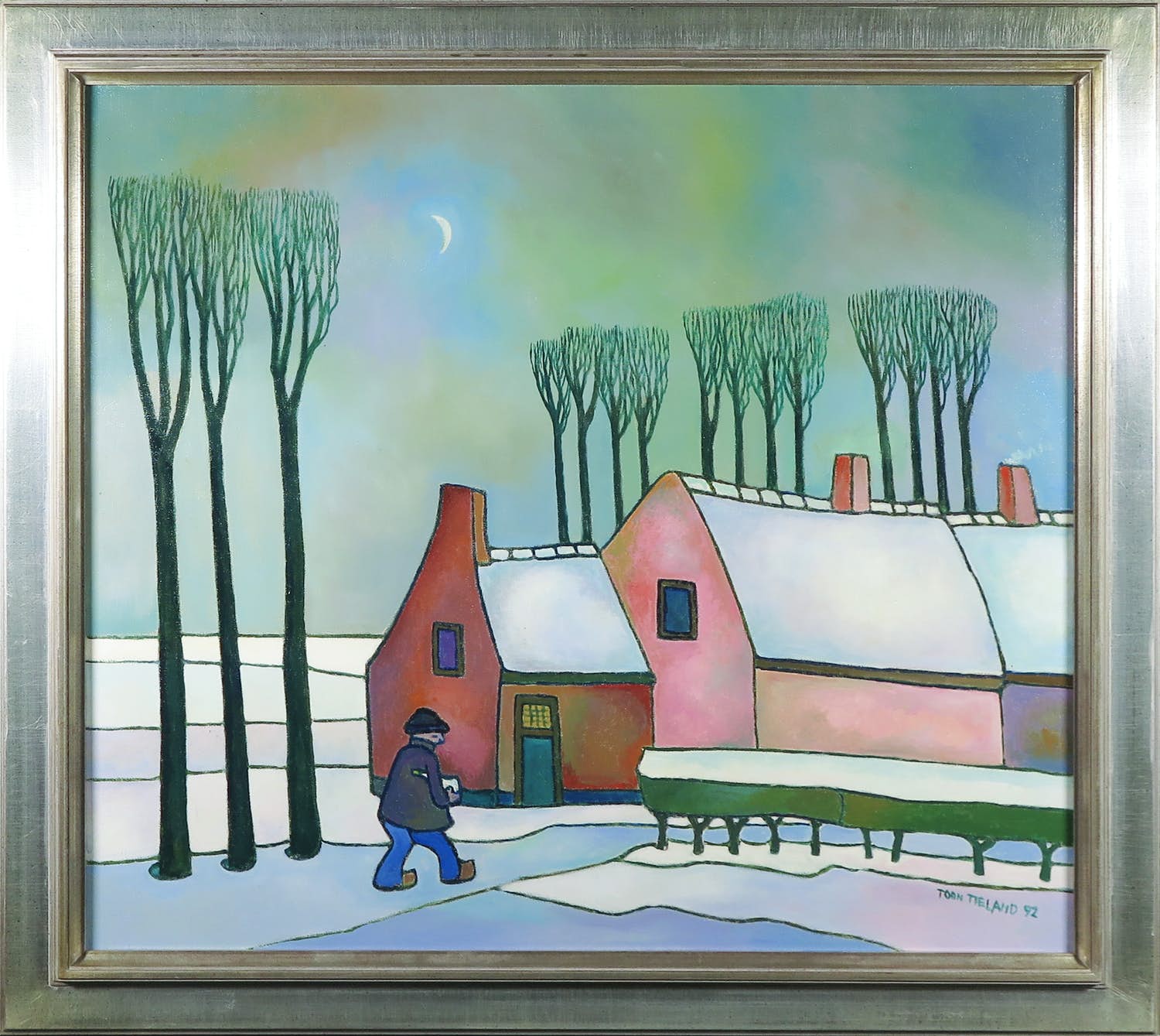 Toon Tieland - Olieverf op doek, De roze hoeve (Vlaanderen) - Ingelijst verkocht voor € 2800!