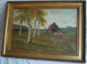 Andries Verleur - Groot olieverfschilderij, Landschap met schaapskooi – ingelijst – 1917 kopen? Bied vanaf 1!