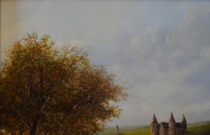 Niet of onleesbaar gesigneerd - Een glooiend landschap met figuren op een zandpad, boerderijen en een kasteel kopen? Bied vanaf 1!