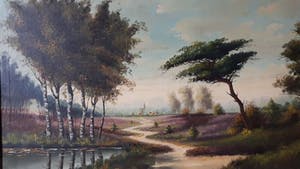 Niet of onleesbaar gesigneerd - van Leeuwen (20ste eeuw) Heidelandschap met dorp. kopen? Bied vanaf 1!