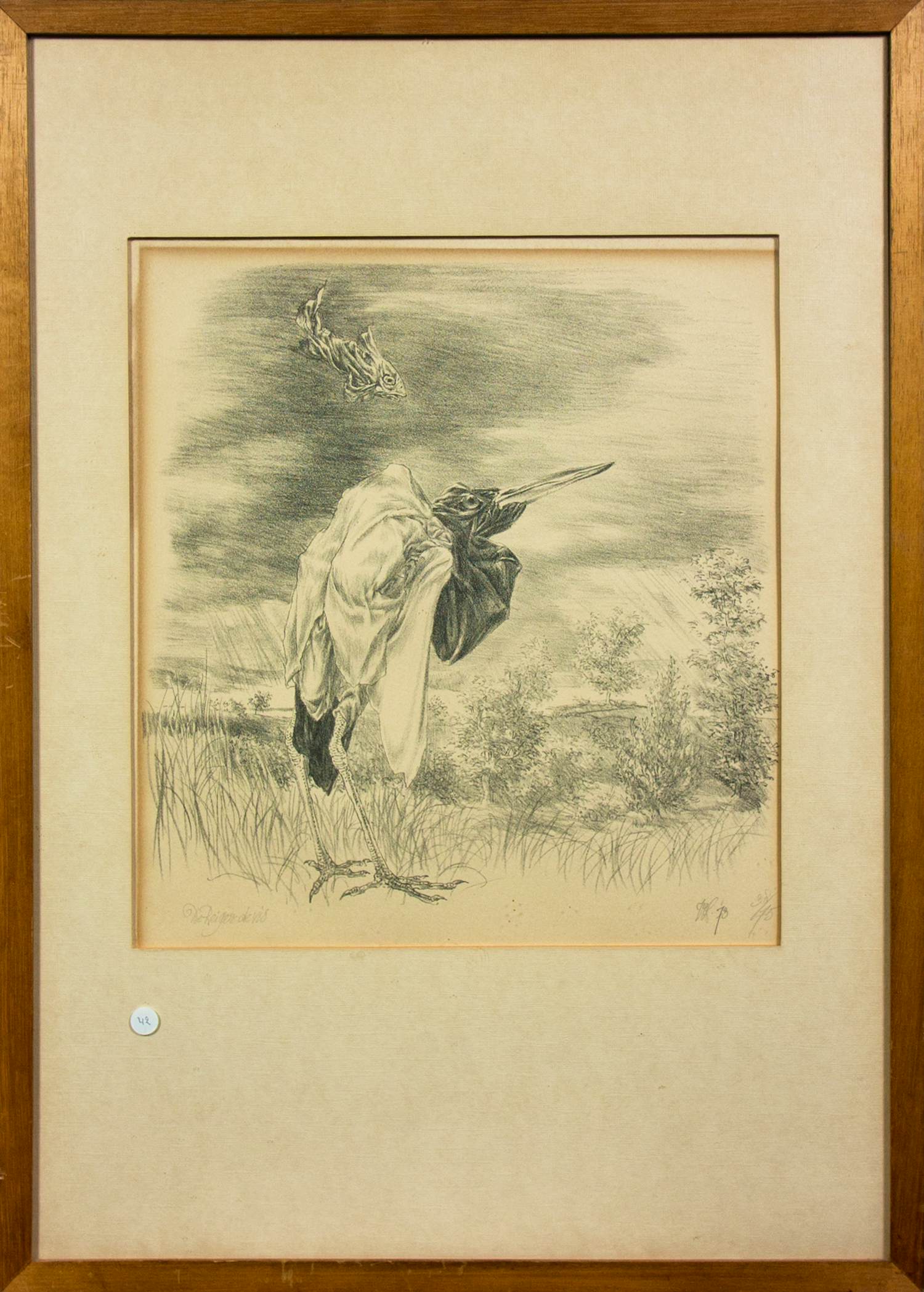 Peter Vos - Litho, De reiger de vis - Ingelijst verkocht voor € 100!