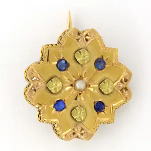 18k gouden broche bezet met saffier en parel - 2.7 gram kopen? Bied vanaf 290!