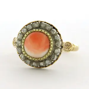 14k goud en zilver ring met koraal en roos geslepen diamant tot. 0.15ct kopen? Bied vanaf 560!