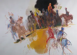 Jan Peter van Opheusden - Groot uniek werk op papier (krijt, verf), Ruiters en paarden - Ingelijst kopen? Bied vanaf 500!