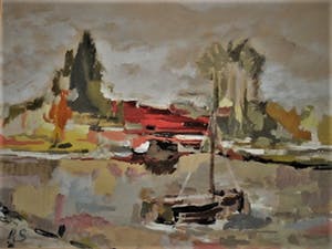 Niet of onleesbaar gesigneerd - GROTE impressionistische Gouache "Hollands polderlandschap met boot" monogram RS kopen? Bied vanaf 10!