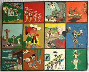 12 Uit linoleum gesneden covers Lucky Luke – Groot – jaren ‘70 verkocht voor € 1!