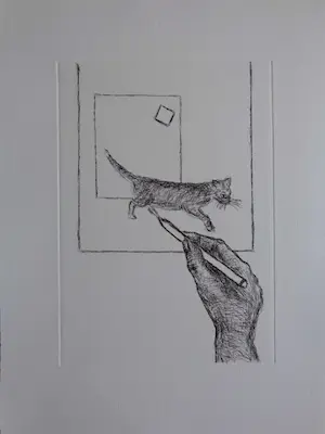 Roger Raveel - KAT IN VIERKANT / ZW-W ETS / 39x27cm / 2010 kopen? Bied vanaf 50!
