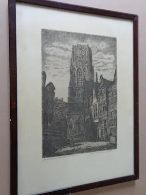 Gerard Willem Becker - ROTTERDAM ST. LAURENSTOREN / ZW-W ETS / 45x33cm / KADER / SIG kopen? Bied vanaf 25!