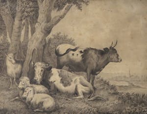 Niet of onleesbaar gesigneerd - Potlood en waterverf, Landschap met vee - Ingelijst kopen? Bied vanaf 10!