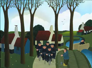 Wim van Rompuy - Olieverf op paneel, Fraterkes op de fiets - Ingelijst kopen? Bied vanaf 200!