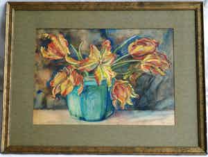 Willem Karel Rees - Aquarel , Stilleven met Tulpen – gesigneerd & ingelijst – ca 1930 verkocht voor € 45!