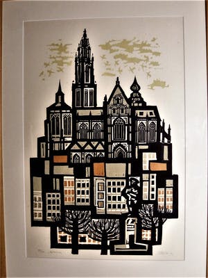 Akke Sins - Friese Grafica - Fraaie handgekleurde Houtsnede "Antwerpen " kopen? Bied vanaf 67!