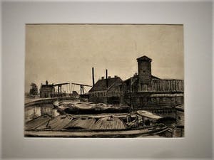 Niet of onleesbaar gesigneerd - Houtskool - 1920 - Amsterdam "het Realen-eiland en Drieharingenbrug kopen? Bied vanaf 1!