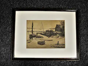 Willem Witjens - Mooie grote Ets "afgemeerde bootjes bij Hattem" potloodgesigneerd - orig. lijst kopen? Bied vanaf 35!