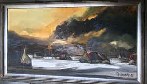 Paul Permeke - Olieverf schilderij: winterlandschap met ondergaande zon verkocht voor € 450!