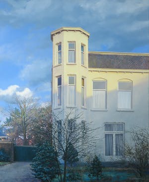 Gerard Huysman - Olieverf op board, Z.T. (avondgloed op huis en tuin) - Ingelijst kopen? Bied vanaf 1!