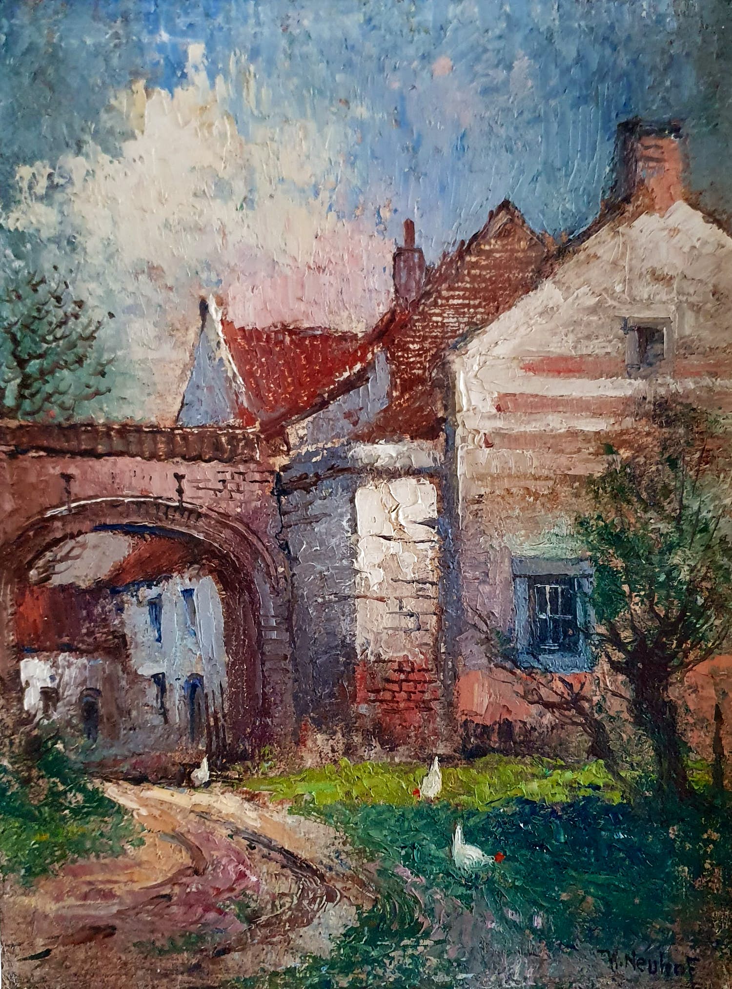 Walter Neuhof - Olieverf op doek - Stadsgezicht met kippen verkocht voor € 70!