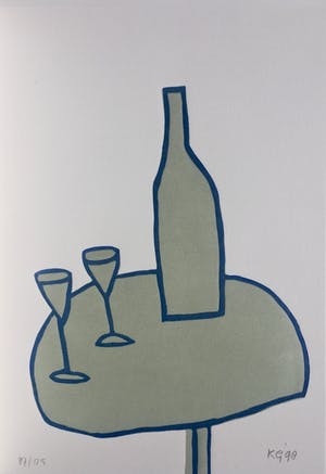 Klaas Gubbels - linosnede ‘Tafel met fles en glazen’ uit 1998 - oplage 125. kopen? Bied vanaf 175!