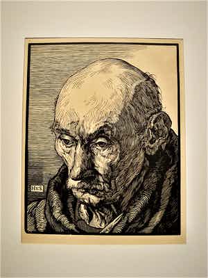 Henry van Straten - Virtuoos Vlaams Graficus - houtsnede op papier - oude arbeider - monogram verkocht voor € 30!