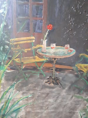 Niet of onleesbaar gesigneerd - Patio met bloemen - zeer groot - ingelijst kopen? Bied vanaf 10!