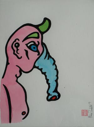 Pieter Zandvliet - Aquarel / Tekening, “Olifantman” – gesigneerd en ingelijst – 2009 kopen? Bied vanaf 35!
