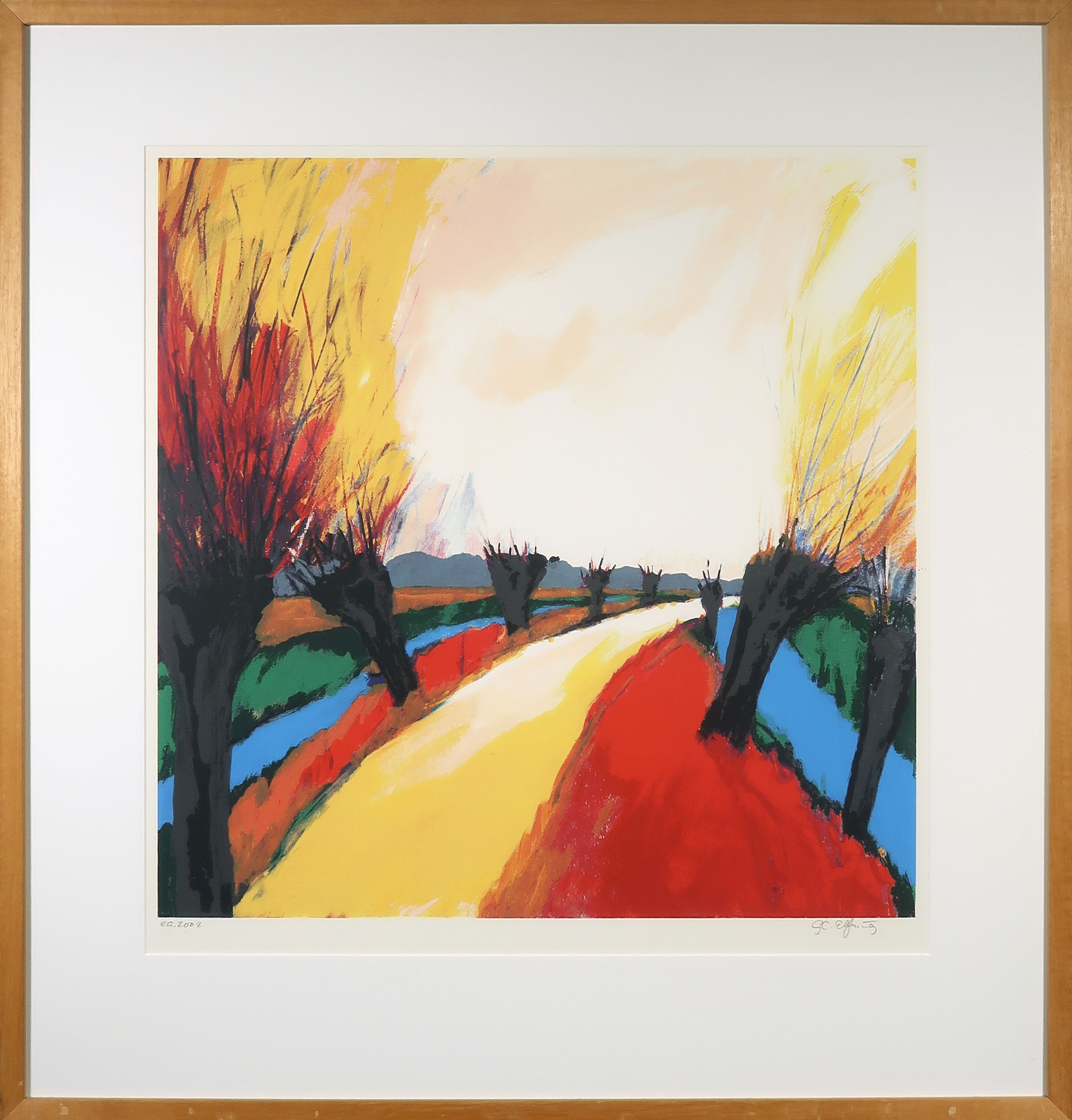 Gerda Elfring - Zeefdruk, Landschap met wilgen - Ingelijst verkocht voor € 40!