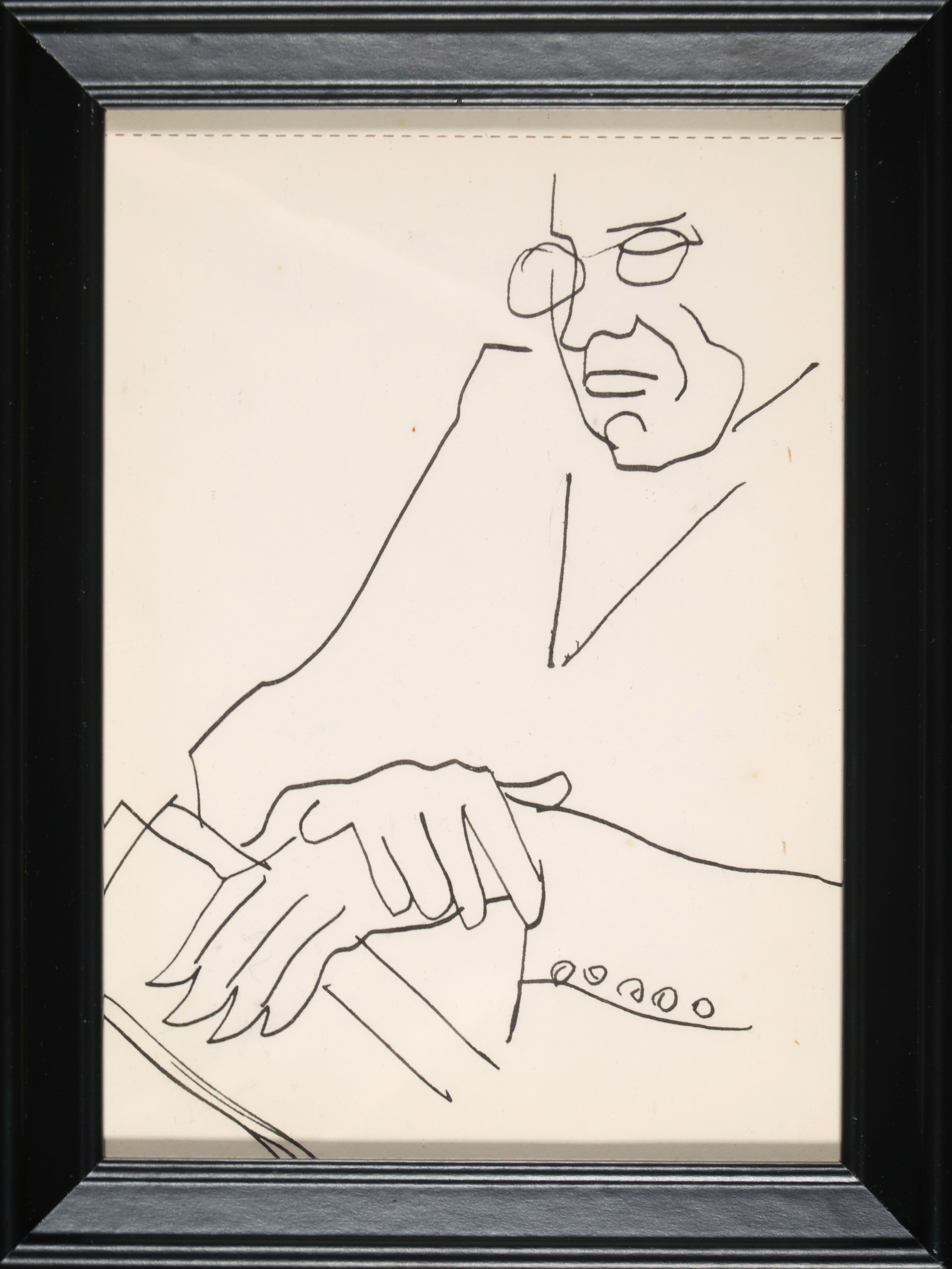 Siep van den Berg - Inkttekening, Man met bril en gevouwen handen in slaap gevallen - Ingelijst kopen? Bied vanaf 75!