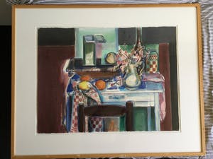 Tine van Diepen-Alderliefste - Stilleven op blauw tafeltje | Groot formaat kopen? Bied vanaf 100!