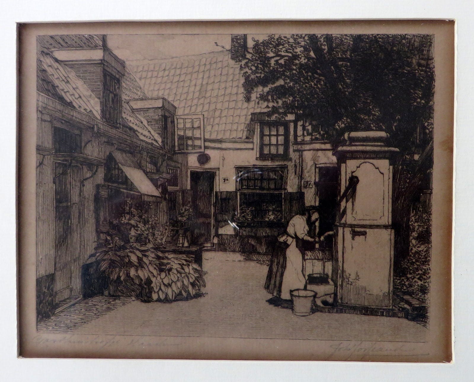 Johannes Josseaud - Twee afbeeldingen van Haarlemse hofjes. Groothuishofje en Heythuijzen hofje. kopen? Bied vanaf 30!