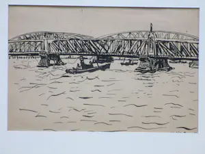 Dirk Hidde Nijland - Op de Maas bij Rotterdam - Inkttekening kopen? Bied vanaf 50!