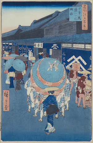 Ando Hiroshige - Houtdruk, Nihonbashi Tori-itchome uit One Hundred Famous Views of Edo - Ingelijst kopen? Bied vanaf 300!