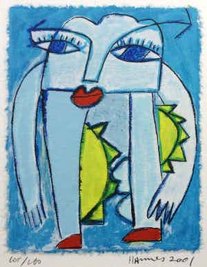 Hannes Kuiper - z.t. | vrolijke kleuren zeefdruk (105/160) - ingelijst verkocht voor € 45!