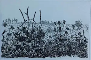 Buy Willem Minderman - landschap met dorpje op achtergrond - 1975? Bid from 45!