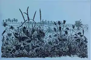 Buy Willem Minderman - landschap met dorpje op achtergrond - 1975? Bid from 45!
