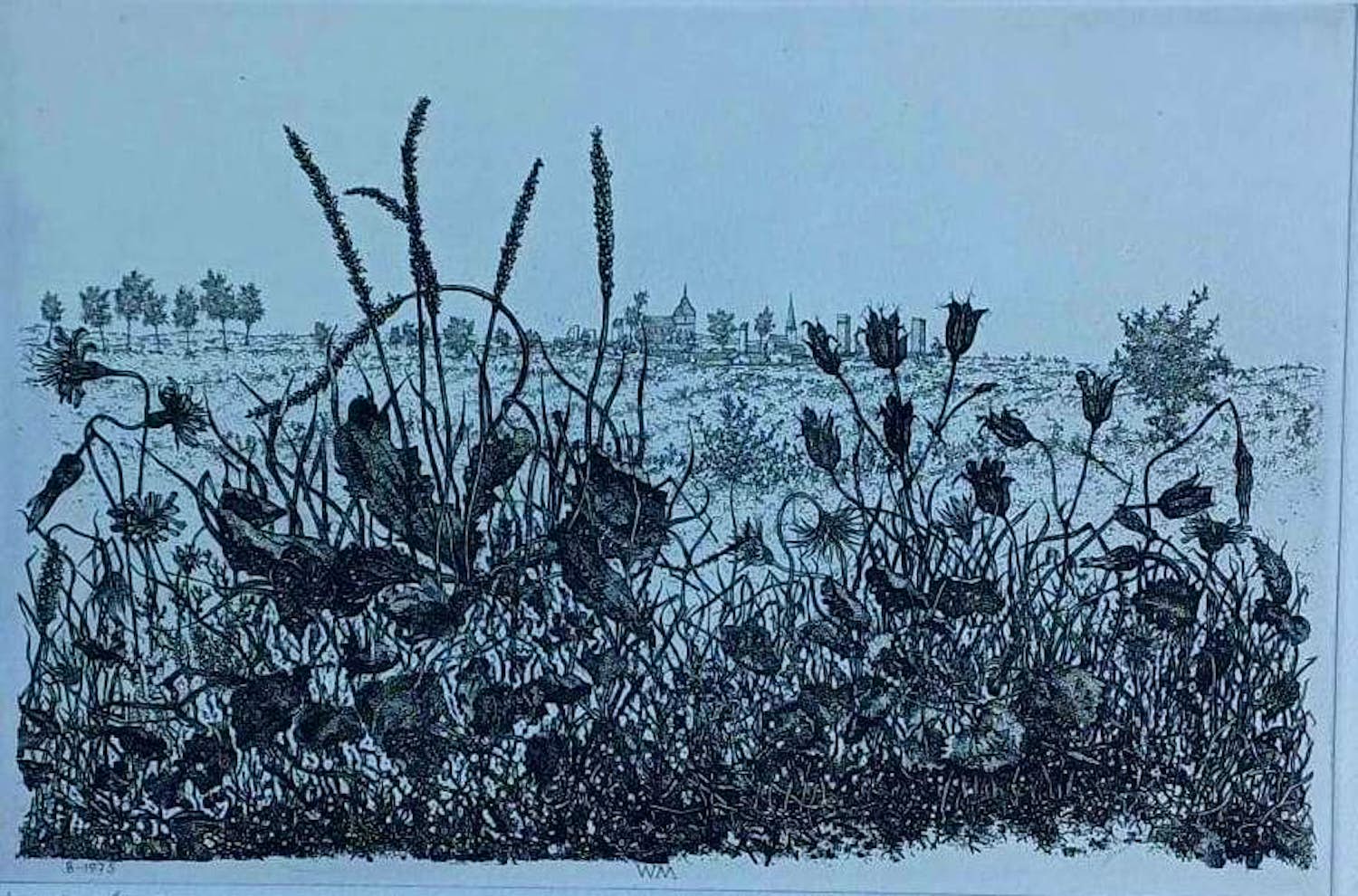 Willem Minderman - landschap met dorpje op achtergrond - 1975 kopen? Bied vanaf 45!