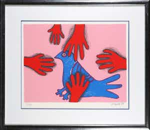 Corneille - Zeefdruk, Les mains rouges - Ingelijst verkocht voor € 200!