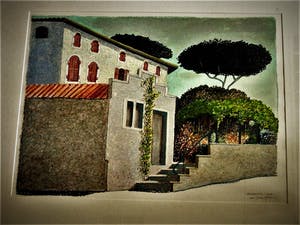 Erna van Mondfrans - Magnifiek pointillistisch Pastel "Landschap Mirepoix Frankrijk" gesigneerd - kopen? Bied vanaf 10!