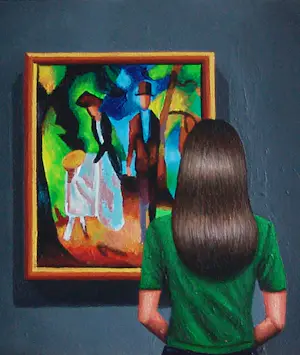 Gerard Boersma - Leute Am Blauen See (Vrouw genietend van schilderij van August Macke) kopen? Bied vanaf 400!